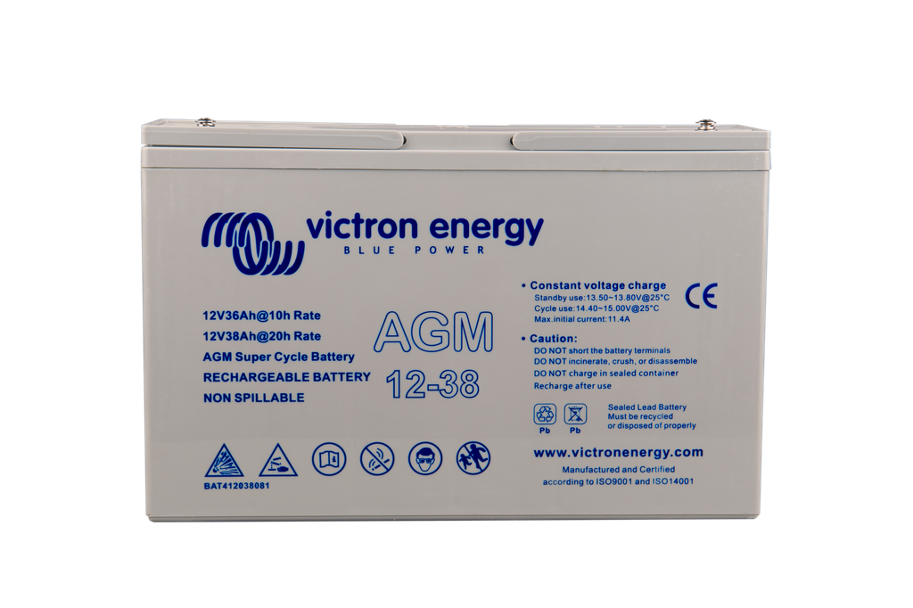 12V 38Ah AGM Super Cycle Battery (front)  [#2781]